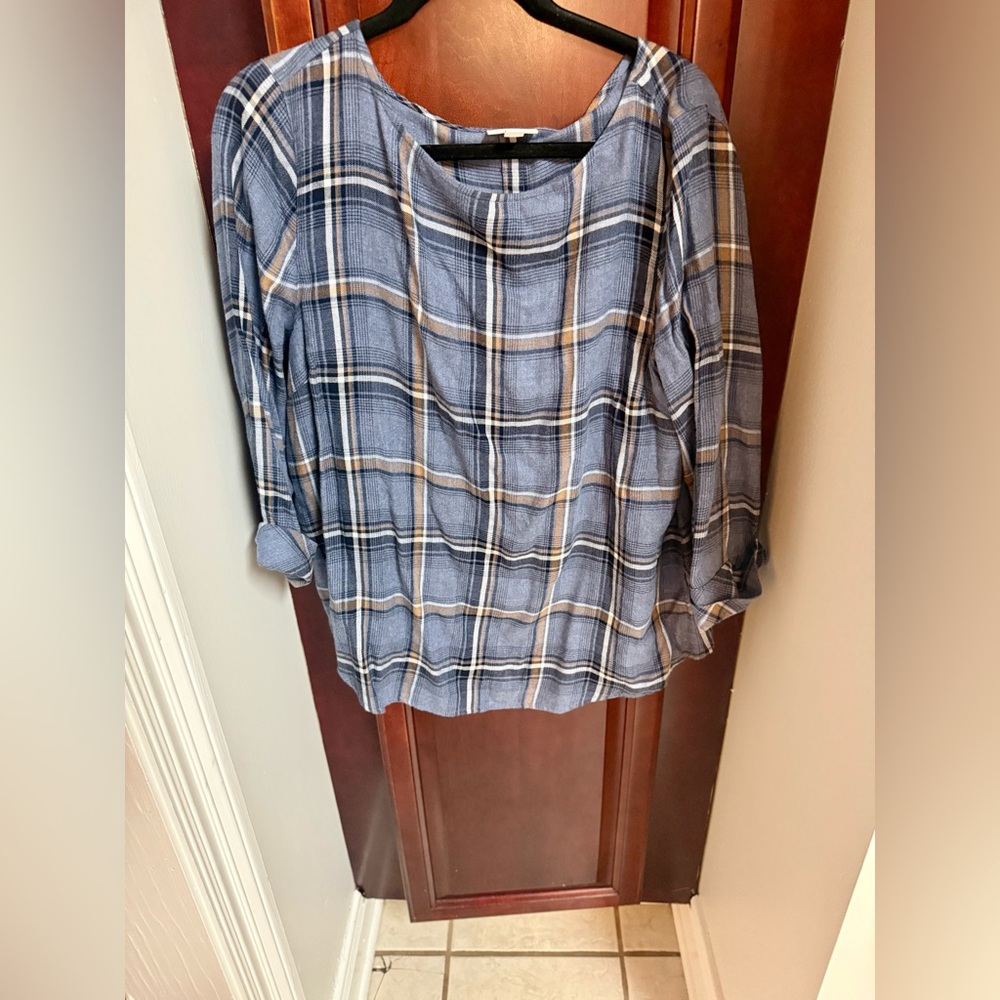 EUC: Butter Soft J. Jill Blue & Brown Plaid 3/4 Sleeve Blouse - Size L